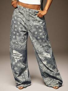 Denimoi 佩斯利花纹阔腿宽松男友风牛仔裤，时尚街头风宽松牛仔裤 - 藍色 - 查看 5