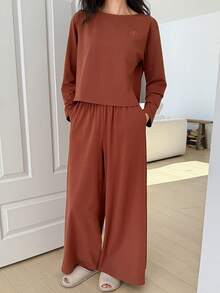 DAZY 极简刺绣字母装饰针织阔腿裤女士家居服套装 - 棕色 - 查看 6