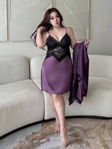 Dazy Plus 2pcs Elegant Contrast Lace Sexy Nightgown & Robe Set, Plus Size Women Sleepwear Pajamas - Purple - View 8