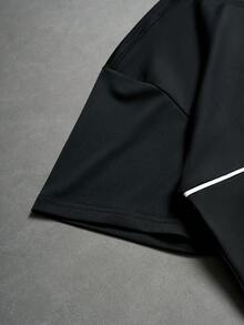 PAVTROS 男士休闲字母印花T恤短裤套装，夏季，男士字母印花圆领短袖休闲T恤和抽绳腰带短裤套装，春夏皆宜，夏季，度假，复古，外出，派对，节日，送给男友的礼物，街头风，运动 - 黑色 - 查看 5