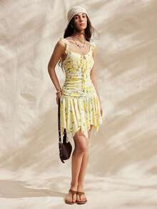 Easelle Đầm ngắn ôm sát người trễ vai, thắt nơ phía trước, in hoa dành cho nữ, thích hợp cho kỳ nghỉ. - Cà phê nâu - Xem 4