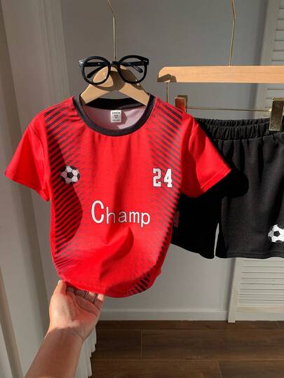Bubblio 2pcs/Set Young Boys' Red Round Neck T-Shirt Football Jersey Shorts Set, Casual, Comfortable, Fashionable, Versatile, Soft Fabric, Suitable For Daily Wear, Travel, Outdoor Sports, Football Games, Festivals, Summer