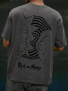 Rick and Morty X SHEIN Men Casual Loose Knit Figure Line Art Print Short Sleeve T-Shirt - Dark Grey - View 5