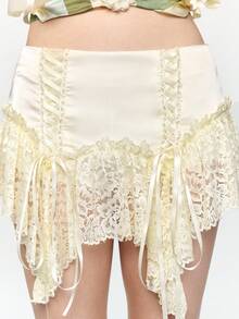 ROMWE Fairycore Minifalda asimétrica de encaje y parches de cintura baja para mujer, estilo vintage - Beis - Ver 6