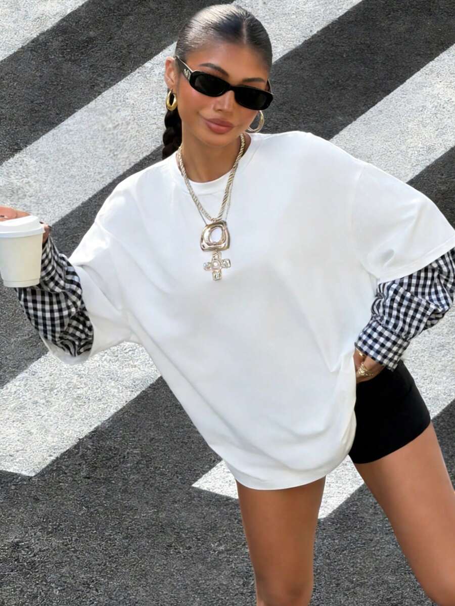 Muchica 撞色街头风针织女式格子印花圆领长袖T恤 - 彩色 - 查看 1