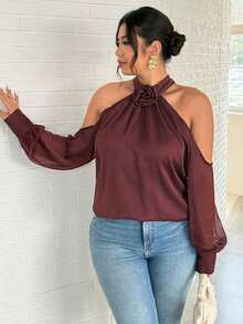 Firerie Große Größen einfarbiges 3D Blumen Dekor Ausschnitt elegant Langarm Bluse mit freien Schultern, sexy Blusen mit Ballonärmeln, Frühlings Bluse für Frauen, Schulterfreie Bluse für Frauen - Bordeaux - Übersicht 5
