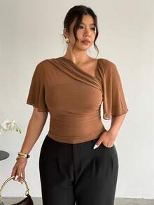 Firerie Plus Size Women Summer Minimalist Ruched Asymmetrical Shoulder Tight Top - Brown - View 6