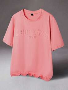 Manfinity Roghcode Men's Casual Letter Embossed Pink Crew Neck Short Sleeve T-Shirt, Summer, 2000s Style - Pink - View 1