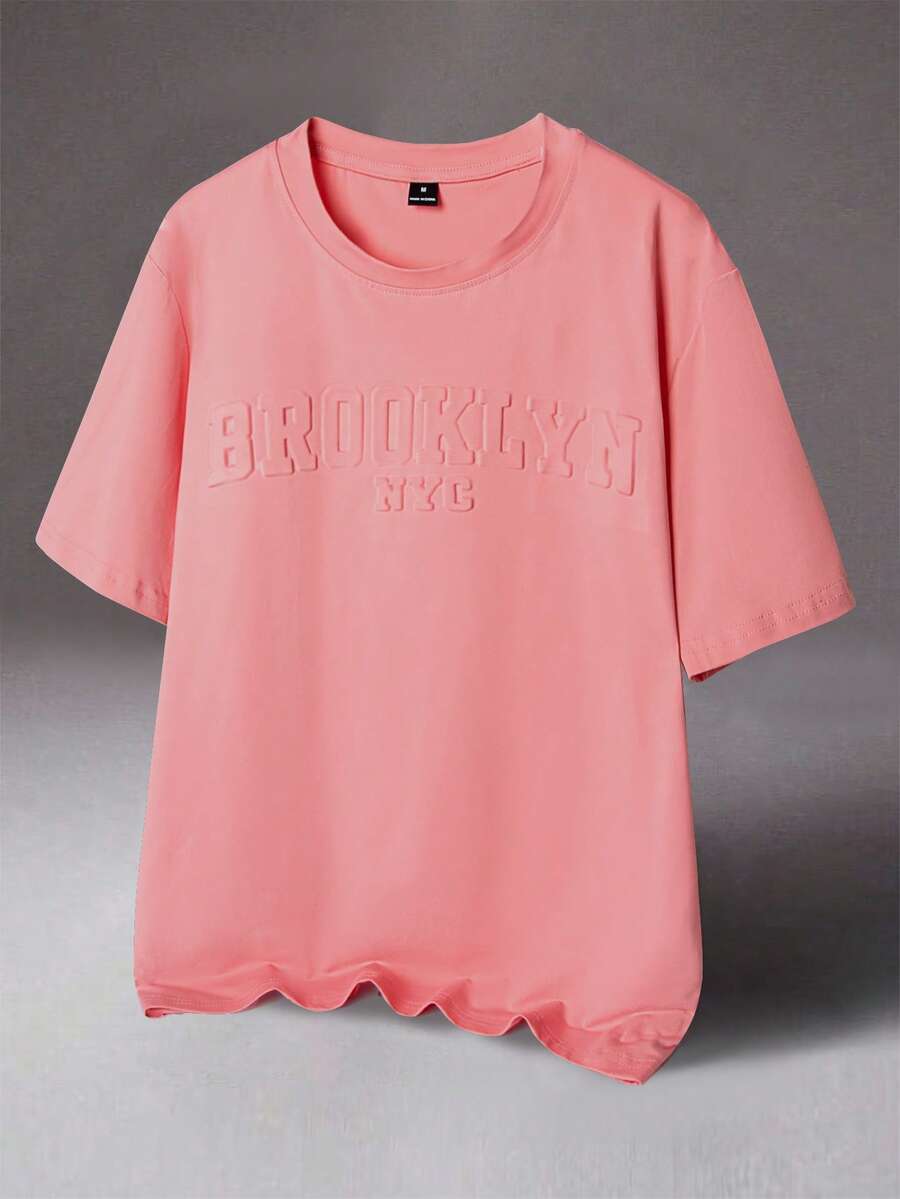 Manfinity Roghcode Men's Casual Letter Embossed Pink Crew Neck Short Sleeve T-Shirt, Summer, 2000s Style - Pink - View 1