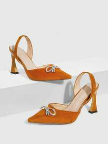 CUCCOO SZL Women's Caramel Pointed Toe Stiletto High Heels, Rhinestone Bow Tie Ankle Strap Faux Suede Pumps For Work And Party Valentine's Day - caramel color - View 3