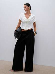 ATUI Studio Áo kiểu nữ thanh lịch, màu trơn, cổ xếp ly, cài cúc, dáng ôm, thích hợp cho mùa hè. - trắng - Xem 4