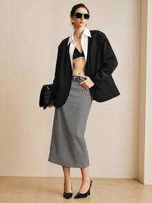 Arave 女士高腰修身铅笔裙，侧开衩设计，适合日常通勤 - 黑與白 - 查看 2