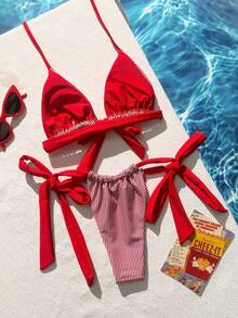 Swim Mod 2026 Spring/Summer Fashionable Striped Print Halter Backless Sexy Bikini 2-Piece Swimwear Set For Women - Red - View 2