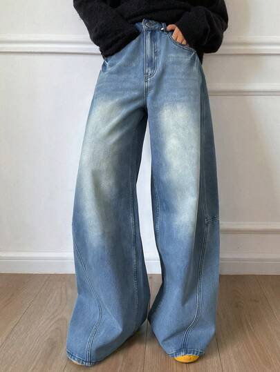 DAZY 女士做旧水洗阔腿牛仔裤，休闲街头风宽松牛仔裤，春夏款