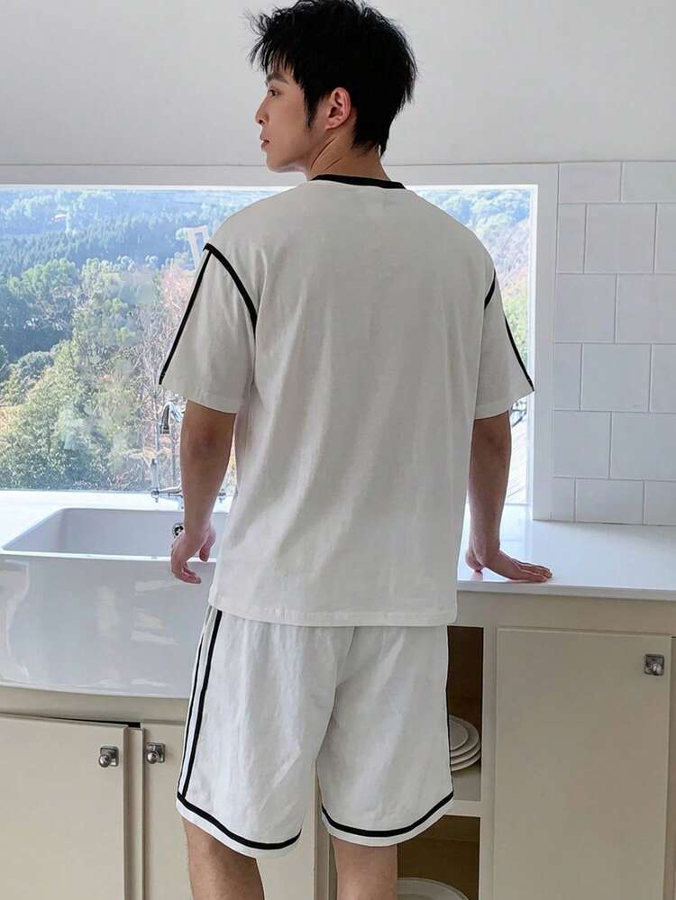 Men's White Short Sleeve Top And Shorts Pajama Set, Summer