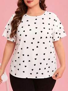 SHEIN Clasi 大码优雅爱心印花圆领荷叶袖衬衫，夏季 - 白色 - 查看 3