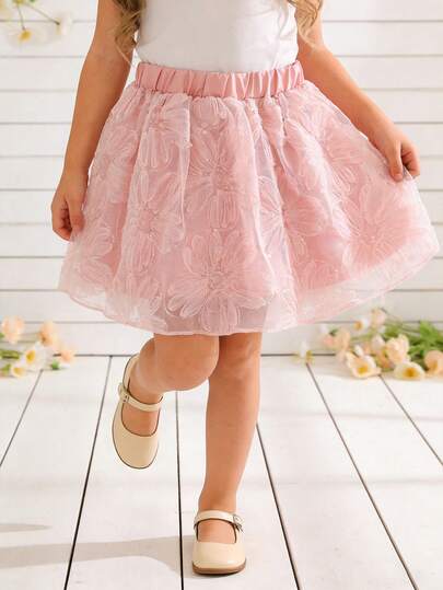 SHEIN Elladie kids 甜美公主风粉色弹力腰网纱半身裙，适合春夏穿着