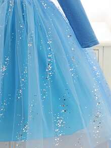 SHEIN Glamorique Kids 女童公主裙，蓝色公主裙，白色毛领，长袖，亮片，披肩，生日派对，婚礼，节日，舞会礼服，优雅正式礼服 - 水鴨藍 - 查看 5