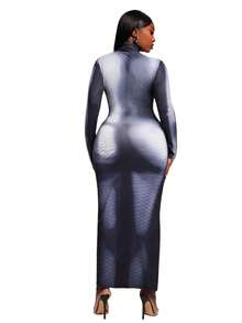 SHEIN SXY 大码时尚性感印花高领修身长裙 - 彩色 - 查看 2