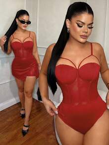 SHEIN SXY 女士性感网纱拼接吊带背心，胸前饰有绑带，春夏款 - 紅色 - 查看 7