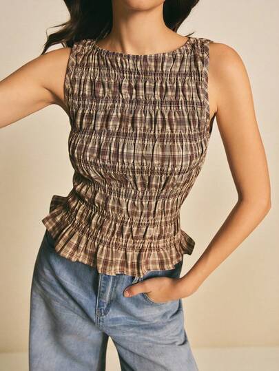 Poéselle Top sin mangas con volantes y estampado de cuadros para mujer, inspirado en el estilo vintage para un look cottage core elegante. Top con escote barco, tirantes anchos y dobladillo con volantes en estilo retro a cuadros para un look casual de verano