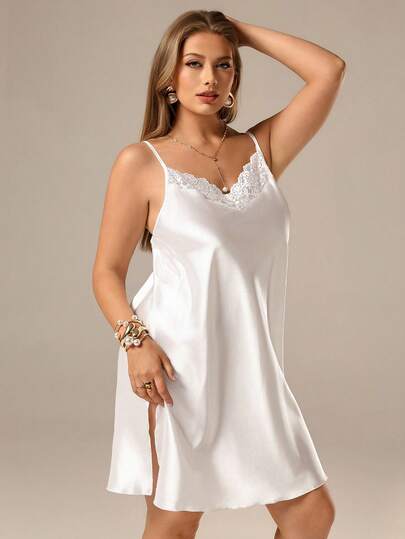 Auralis Plus Size Women White Faux Silk Lace Trim Slip Dress With Side Slit Elegant Valentine's Day White Dress Women Spring Valentine Outfit For Sexy Women