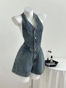 Elamini 女士露背系带牛仔连体裤，时尚百搭，适合约会和外出穿着 - 中等水洗藍 - 查看 3