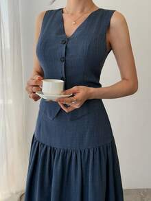 DAZY Women's Solid Color V-Neck Sleeveless Fashionable Minimalist Summer Suit - Blue - View 4