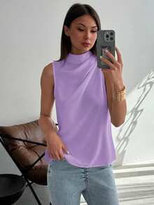 Aloruh Blusa tejida con pliegues en H sin mangas de estilo minimalista y de uso diario, color blanco, para primavera/verano - Morado Violeta - Ver 7