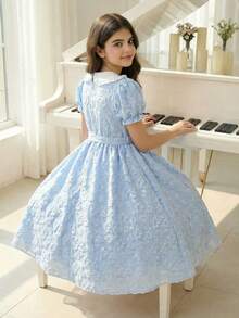 Đầm ngắn tay phồng màu xanh dương có họa tiết, cổ Peter Pan, thích hợp cho bé gái dự tiệc. - Màu xanh lam - Xem 7