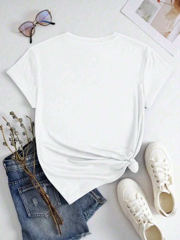 SHEIN LUNE Camiseta de manga corta con cuello redondo y estampado gráfico para tallas grandes - Blanco - Añade 2