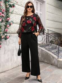 Miaspire 大码女式花卉印花休闲圆领荷叶边七分袖衬衫 - 紅色 - 查看 5