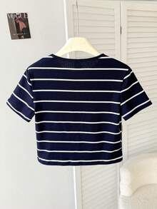 SHEIN Tween Girl Casual Mixed Striped Knit Crew Neck Short Sleeve Top - Navy Blue - View 2