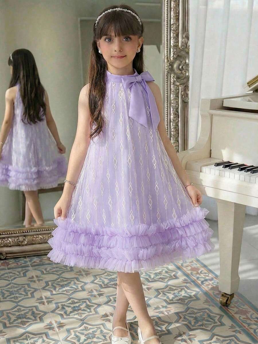 SHEIN 小女孩可爱优雅的紫色蝴蝶结网纱连衣裙 - 紫色 - 查看 1