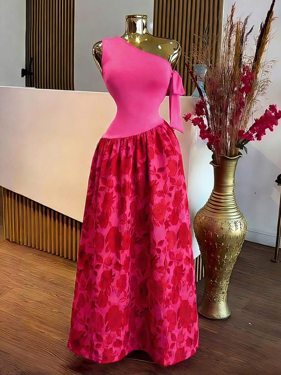 Xyvia 女士玫红色纯色拼接印花面料不对称领口系带设计收腰性感连衣裙，优雅高品质，适合生日礼物、约会、派对、花园、海滩旅行、情人节、狂欢节、复活节、劳动节等场合的街头风连衣裙，春夏新款必备时尚小众设计百搭无袖不对称领口长裙 - 玫紅色 - 查看 1