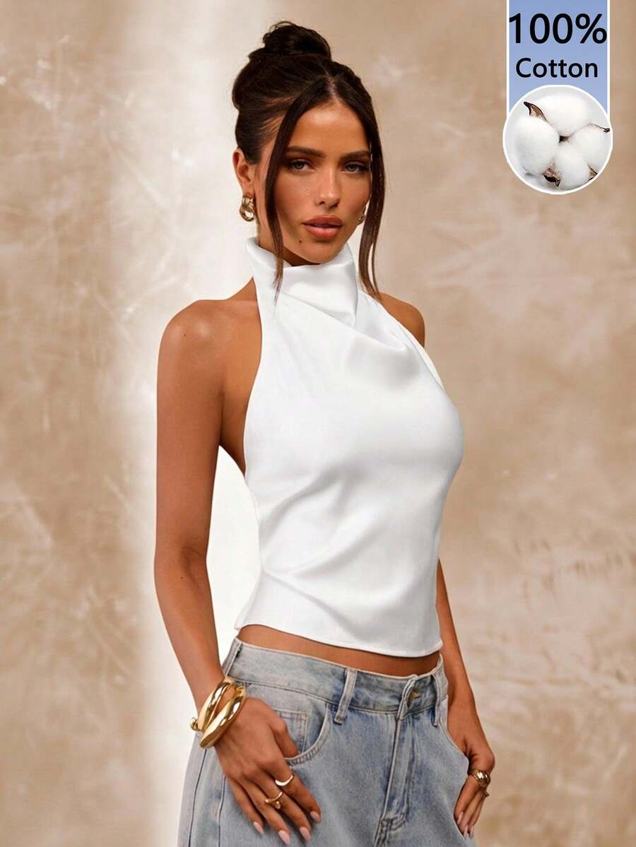 SHEIN BAE 100%纯棉白色露背垂褶领女士吊带背心，性感优雅，适合夏季穿着，可用于工作、办公室、通勤、度假、婚礼宾客以及西部节日等场合。 - 白色 - 查看 1