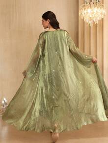 Al Najma Spring/Summer Glamorous Sleeveless Dress With Metallic Foil Embellished Flared Maxi Robe Cardigan - Green - View 3