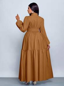 SOLERSUN 大码女装纯色宽松休闲立领前开衩水滴扣高端设计长袖腰带修身A字长裙，优雅舒适休闲时尚通勤气质连衣裙，新款，日常穿着，新年、秋季、冬季、约会、圣诞节，女装 - 卡其色 - 查看 2