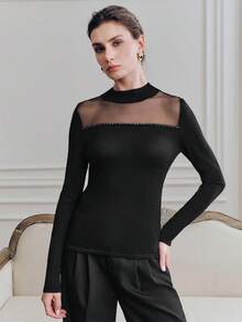 Anewsta Women's Mesh Beaded Long Sleeve Slim Fit Blouse T-Shirt - Black - View 4