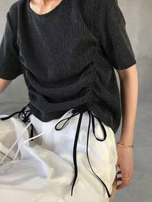 FRIFUL 女士圆领抽绳下摆纹理面料装饰短袖T恤 - 黑色 - 查看 1