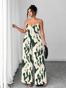 Elenzga Bộ jumpsuit nữ cỡ lớn thanh lịch in hoa, dây đeo có thể điều chỉnh, thời trang và tinh tế cho đầu xuân. - màu xanh lá - Xem 3