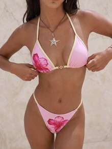 Swim Mod Women's Floral Print Halter Neck Bikini Set,Pink,Summer Vacation Holiday Casual Beach Outfit With Tie-Up Design,Metal Shell Accent Micro Triangle - Pink - View 3