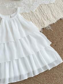 夏季女童无袖雪纺蛋糕裙，纯白色，甜美优雅，适合派对、宴会、婚礼、度假等场合。 - 白色 - 查看 3