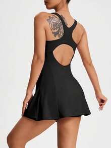 CourtClass 女士纯色荷叶边休闲运动连衣裙 - 黑色 - 查看 2