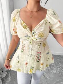 Elenzga Front Twist Ditsy Floral Textured Fabric Puff Sleeve Gathered Waist Flared Hem Women Blouse - Apricot - View 5
