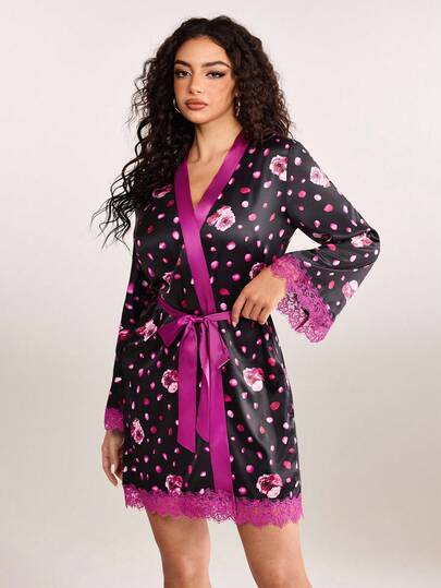 plantica Casual Sexy Urban Chic Floral Print Long Sleeve Short Lace Robe, Suitable For Vacation, Date, Home, Valentine's Day, Spring/Summer,Going Out,Sexy, Elegant,, Wedding Guest, Music Festival, Musician, Night Club
