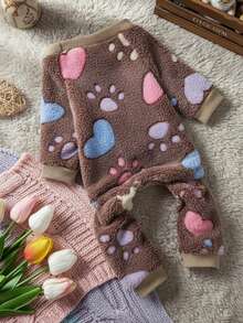 PETSIN 1pc Heart-Shaped Footprint Printed Pet Jumpsuit Autumn And Winter Thick Warm Flannel Pet Clothing - Multicolor - View 1
