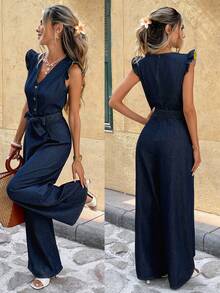 Serisse Women's Casual Wide Leg Denim Jumpsuit Spring To Summer Valentine's Day Carnival Costume Commuting Vacation Graduation Chic Y2k Cute Streetwear Party Wedding Elegant Business Casual Woman Elegant Women's Sleeveless Denim Jumpsuit With V Neckline Ruffle Shoulders And Wide Leg Pants Casual Style - Blue - View 1