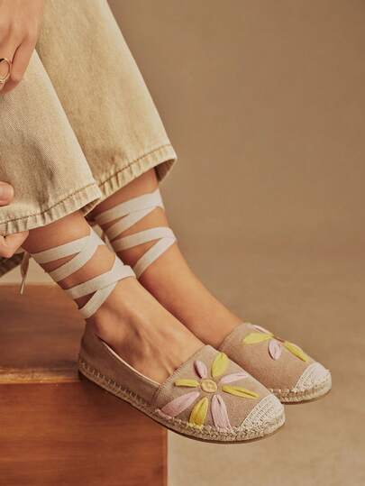 Rosivie Women's Flat Shoes, Rope Shoes, Contrast Color Patchwork Floral Fisherman Shoes, Straw Braided Lace-Up, Bohemian Style, Beach Holiday, Daily Casual, Woven Fabric Slip-On, Elegant Elegant, Campus Style