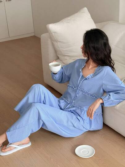 DAZY 格子荷叶边灯笼袖宽松女士睡衣套装